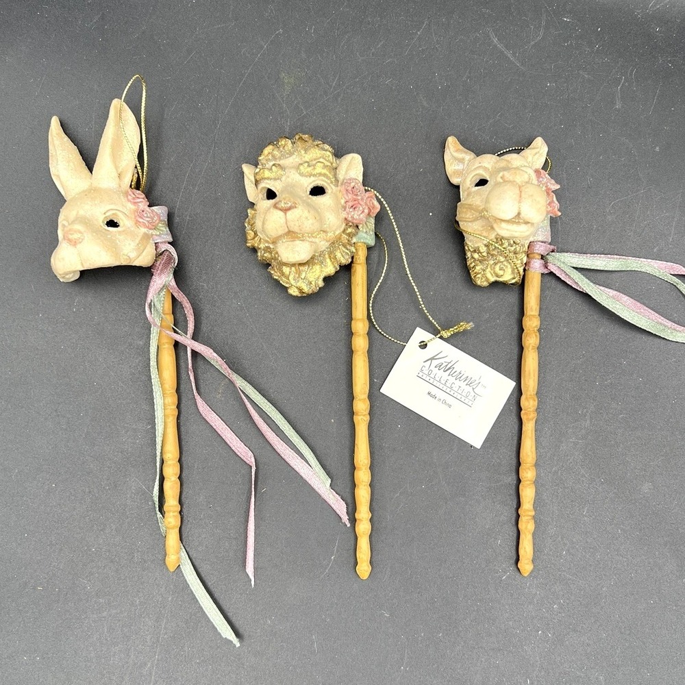 VTG Katherines Collection Ornaments Set of 3 Carnival Mask Lion Rabbit Llama
